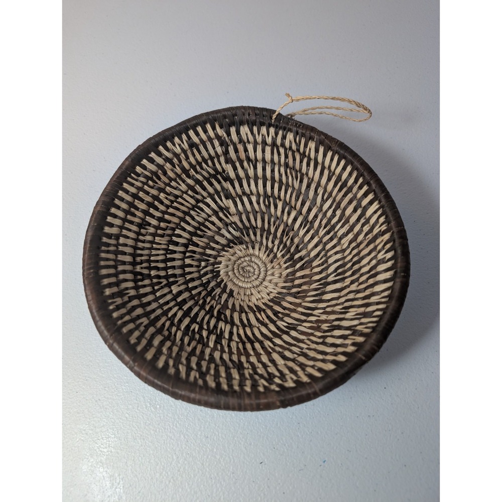Handwoven Coiled Basket 6.75" Two Tone Boho Wall Hanging Decor